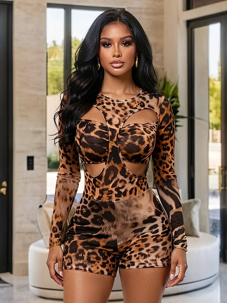 Leosoxs Leopard Print Fake 2 Piece Design Rompers Woman Autumn Trend o-Neck Sexy Hollow Full Sleeve Skinny Peach Hip Playsuit