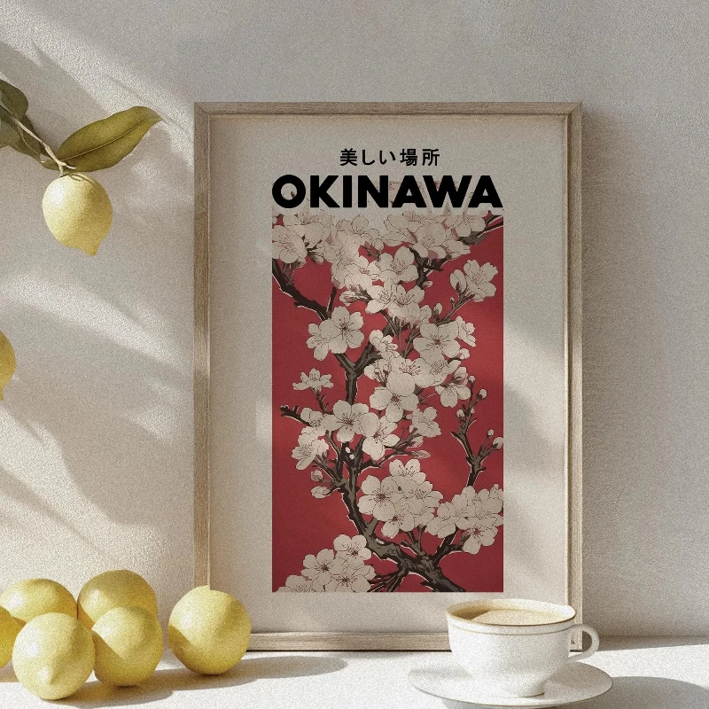 Okinawa Sakura Poster Japanese Cherry Blossom Wall Art Red and White Floral Print Japandi Decor Zen Wall Art Japanese Aesthetic