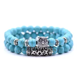 Kirykle Fashion Natural Stone Jewelry for Men Women Light Luxury Alloy Accessory Bracelet Double Row Double Circle Owl Bracelet
