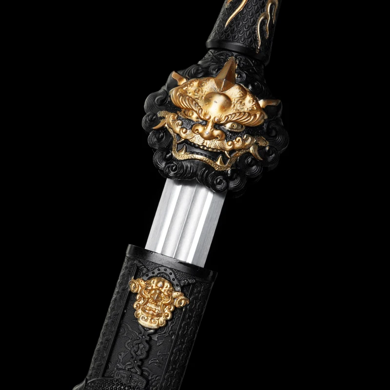 Chinese Han Sword High Manganese Steel Blade Real Handmade Full Tang Ready Battle Black Golden Dragon Samurai Katana Home Decor