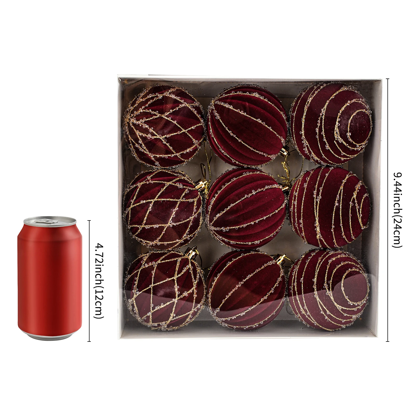 9 قطع من كرات زينة عيد الميلاد باللون الأحمر القرمزي، مصنوعة من مادة قطيفة، مناسبة لتزيين أشجار عيد الميلاد