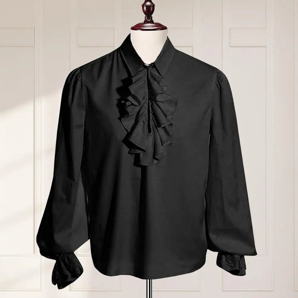 Men Performance Shirt Ruffle Turn-down Collar Long Sleeves Solid Color Lantern Sleeves Renaissance Vintage Royal Style Halloween