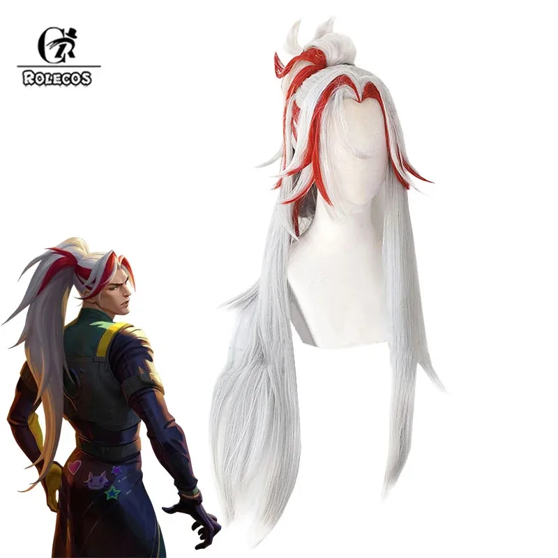 

ROLECOS Yone Косплей Парики Игра LOL Heartsteel Yone 90 см Длинный Серый Смешанный Красный Мужской Парик Конский Хвост Термостойкие Синтетические Волосы