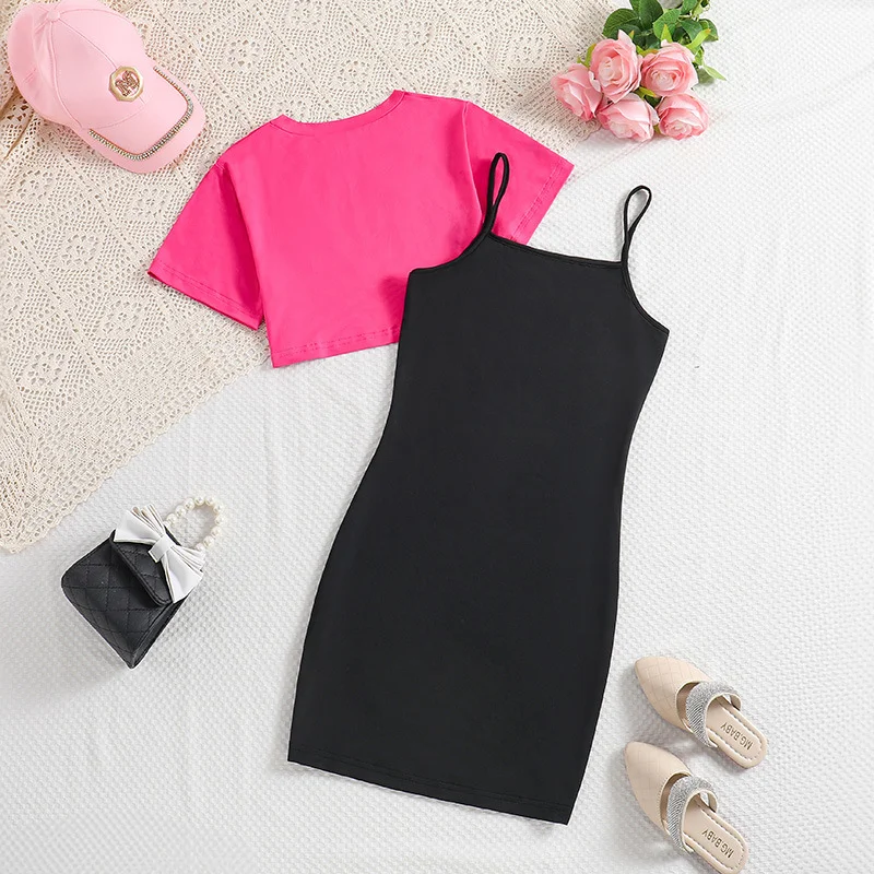 8-12Y Summer Kids Girls Dress Outfits Short Sleeve Crop Coat+Letter Prints Suspenders Bodycon Dresses Children Clothes 2Pcs Set