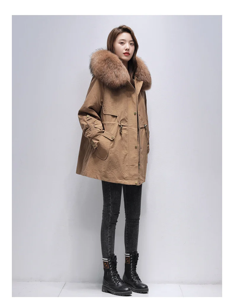 Winter Parka Women's New Rex Rabbit Fur Lining Detachable Fur Coat Mid-length Outdoor Trekking Camping Hoodies Tooling Clothing