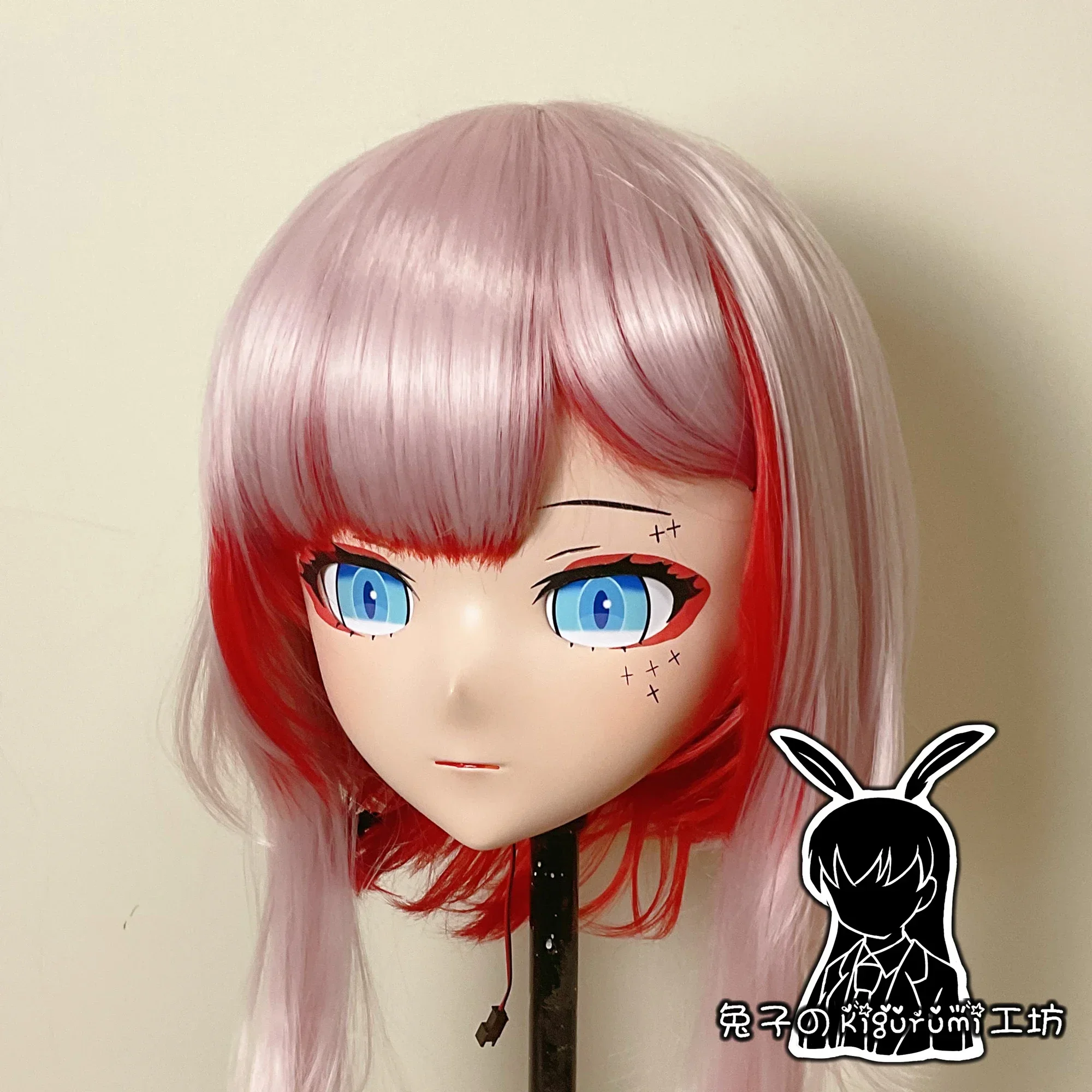 (A27) Custom Full Head Mask with Backshell Japan Cartoon Silicone Anime Kigurumi Cosplay Mask with Pink Red Wig