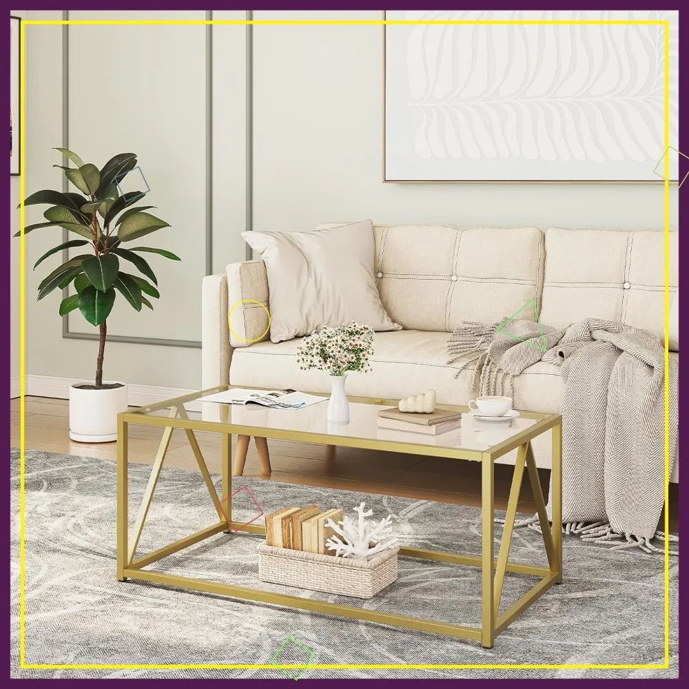 

Gold Glass Coffee Table Modern Living Room Center Table Easy Assembly 39.4x19.7x17.7 Inches