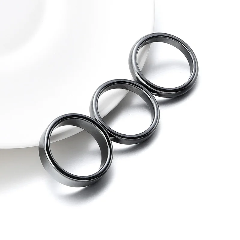 6pcs Unadjustable Black Hematite Rings For Women Men Party Club Smooth Simple Flat Wide Finger Ring Natural Stone 16mm-21mm