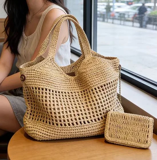 

High-quality Openwork Women Woven Handbag French Elegant Exquisite Beach Travel Bag Commuter Shopping Bag Solid Color Bucket Bag