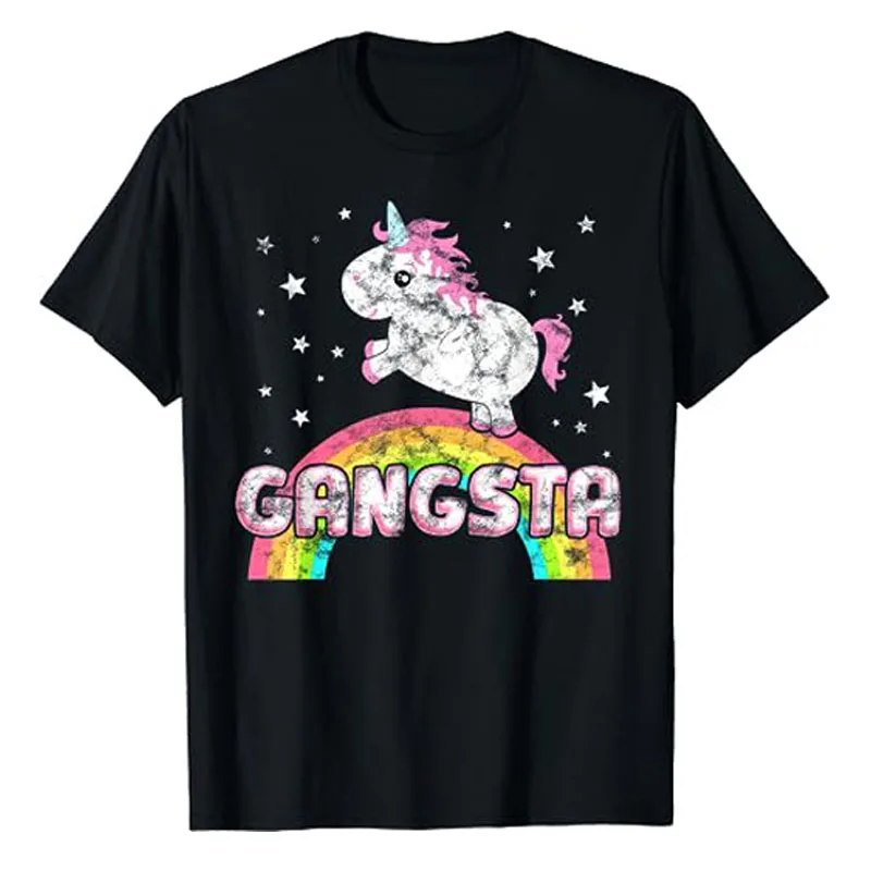 Funny Ironic Cool Unicorn Gangsta Rap Music Festival T-Shirt Rainbow Print Concerts Rock Tee Tops Short Sleeve Blouses Gifts