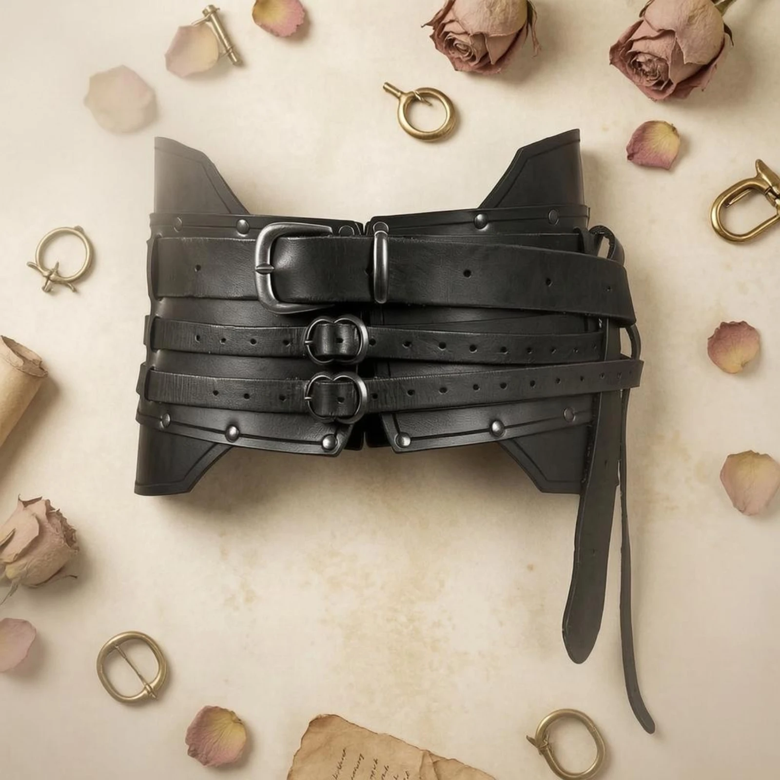 Medieval Waist Belt Layered Strap Knight Costume Belt Dress-up Gear Rivet-Style Hardware Adjustable