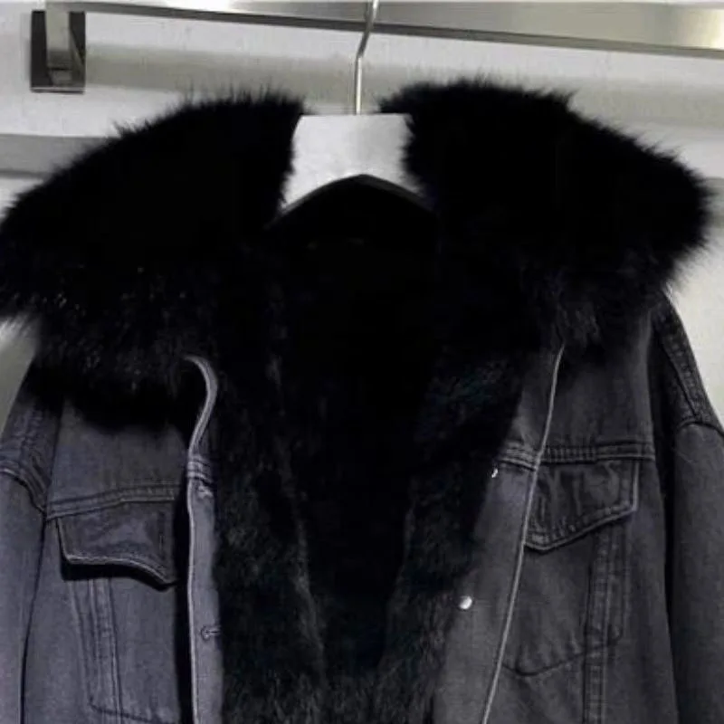 Lady New Big Fur Collar Denim Jacket Women Winter Warm Basic Coat Female Cold Motorcycle Outerwear Fleece Thick Padded Overcoat