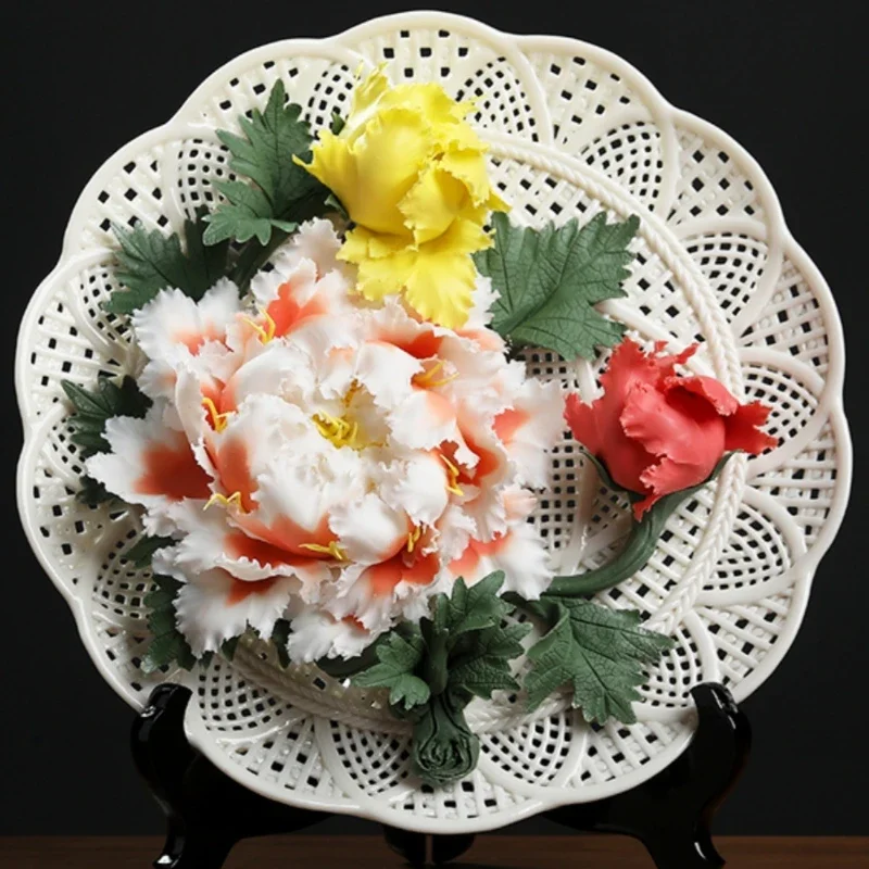 

New Chinese ceramics pure handmade peony flower hanging plate art ornament living room decoration handicrafts housewarming gifts