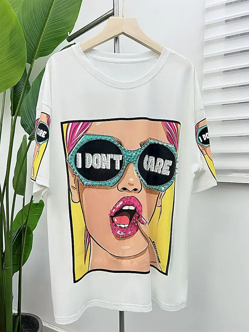 Cotton T Shirts Women Beauty Pattern Print T-shirt Hot Fix Niche Design Short Sleeve Tops 2025 New in Summer Trendy Tshirt Y2k