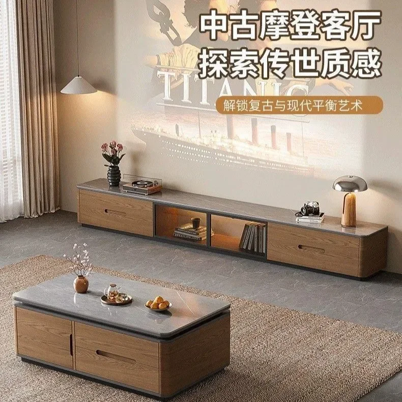 Medieval solid wood TV cabinet coffee table combination living room household light luxury high cabinet