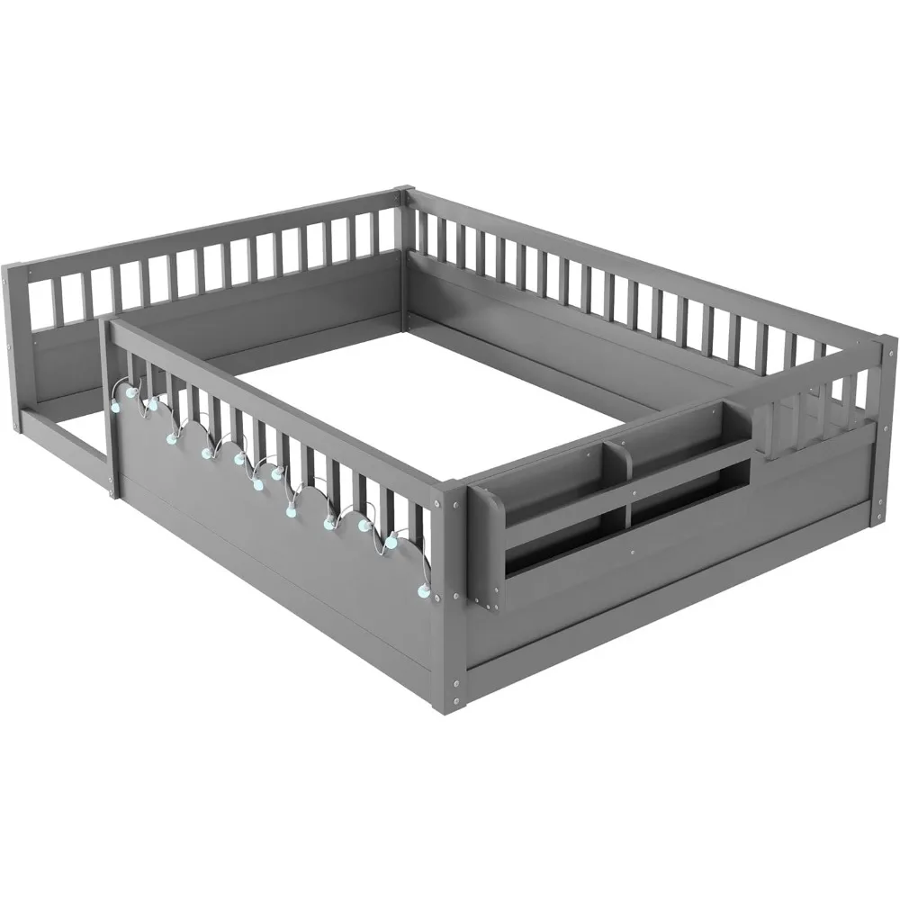 Cama de plataforma de tamanho completo de madeira Montessori com luz e armazenamento, trilhos seguros para dormir com economia de espaço para meninos