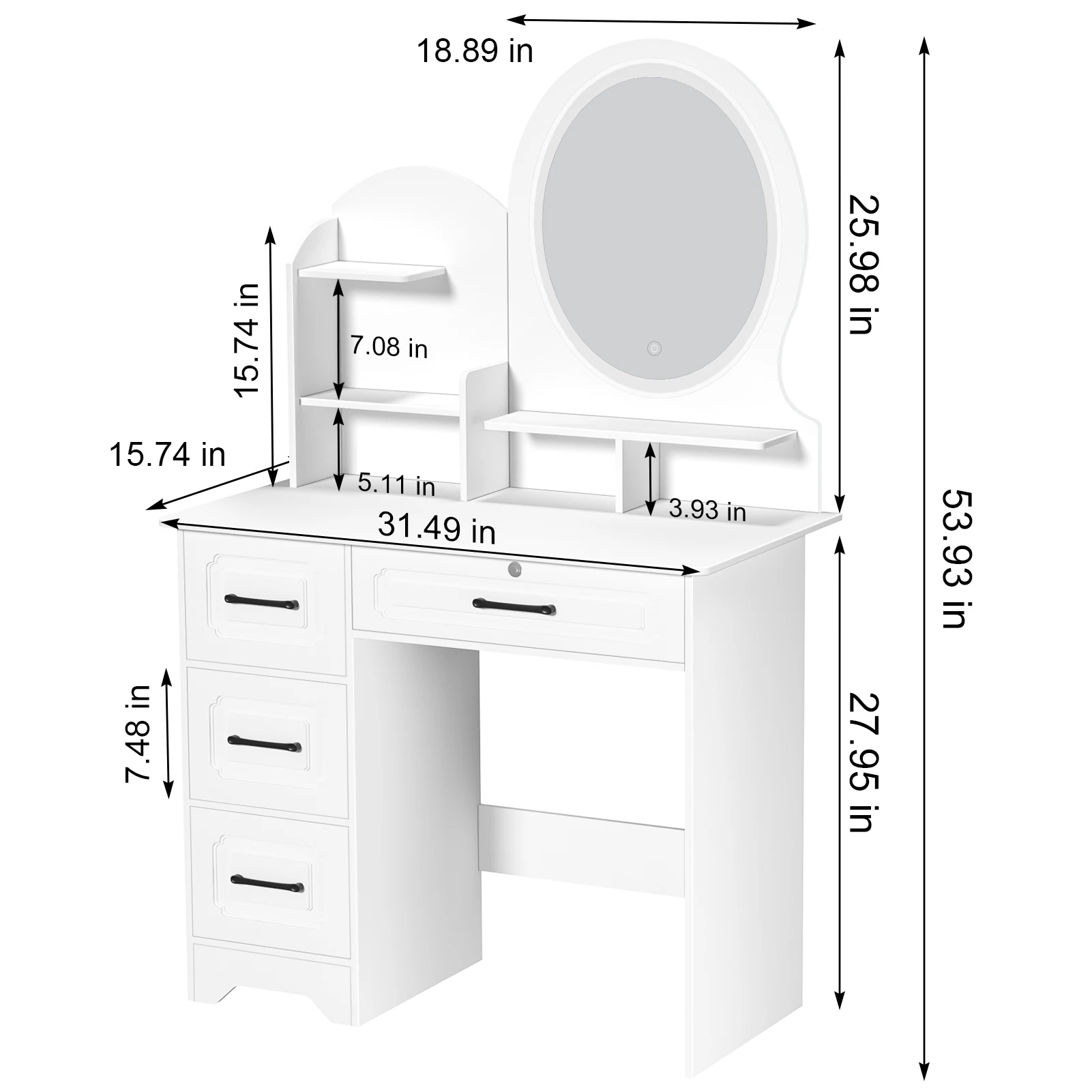 Makeup Desk Large Partition Design 4 Drawers Storage Shelves Vanity Desk With Mirror Ergonomic Handle Dressing Table With Light