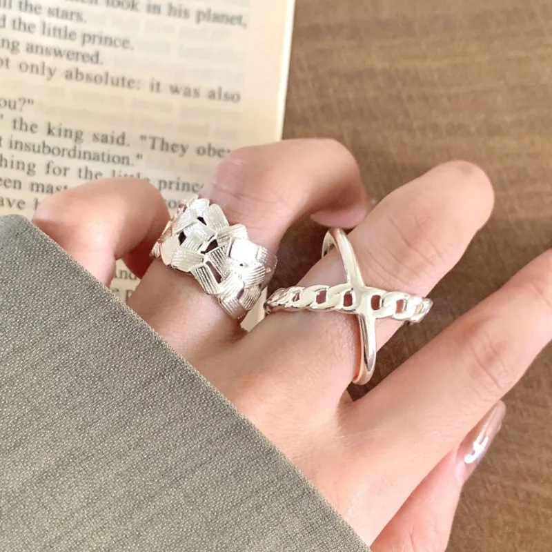

925 Sterling Silver Cross Geometric Lines Irregular Hollow Stitching Ring for Women Fine Jewelry Minimalist Accessories