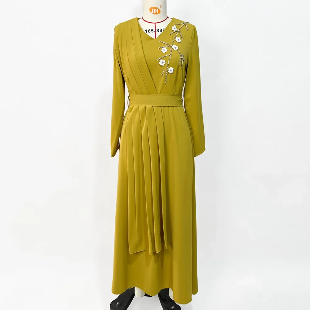 عباية إسلامية جديدة لعام 2025 فستان أصفر الخردل مخيط يدويًا الماس الحلي رداء نسائي Musulmane زهرة مطوي الأكمام فستان للسيدات #5