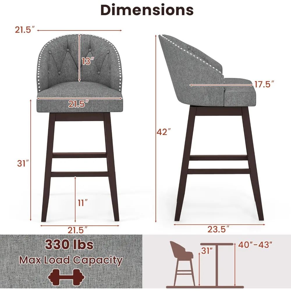 مجموعة مقاعد بار COSTWAY مكونة من 2، مقاعد بار دوارة مقاس 31 بوصة مع أرجل خشبية مطاطية وظهر مبطن، قماش كتان مسامي، معنقدة أنيقة
