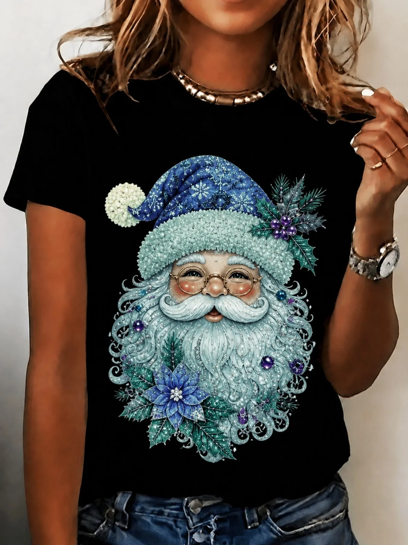 1pc Men'S And Women'S Colorful Santa Claus Design Round Neck Short Sleeve T-Shirt Loose Fit Soft Feel All-Season Wear Machine