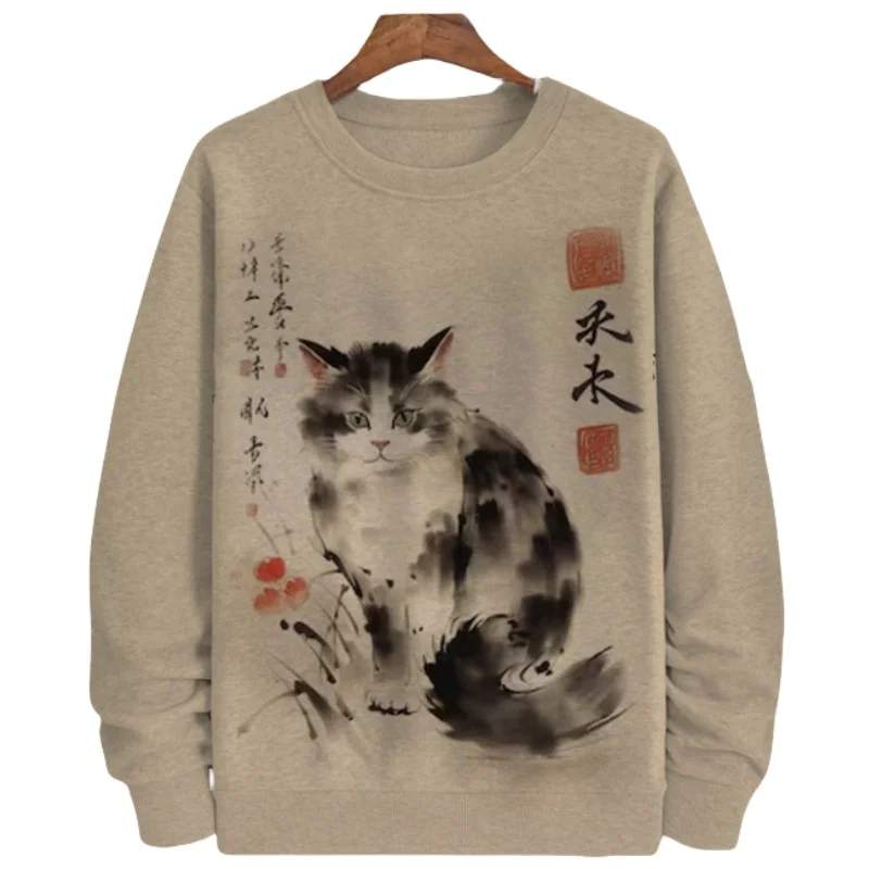 Japanese Style Cat Printed Sweatshirts & Hoodies For Men Autumn Winter Long Sleeve O Neck Hoody Harajuku Top Men Clothing 5XL