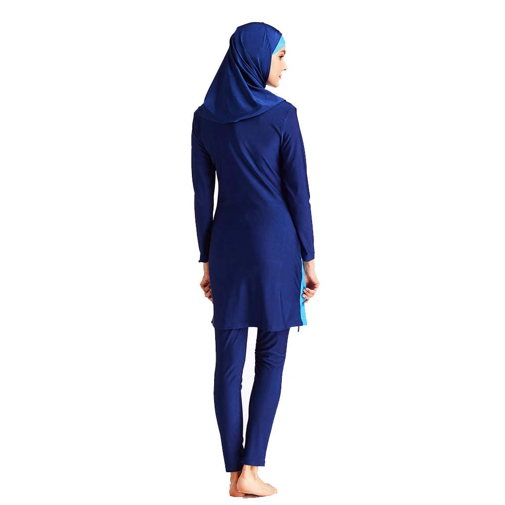 Muslim Women's Long Sleeve Burkini Swimsuit, Beach Wear, Light Blue Patchwork, Diving Suit, Swimwear, New, S-6XL, 3Pcs