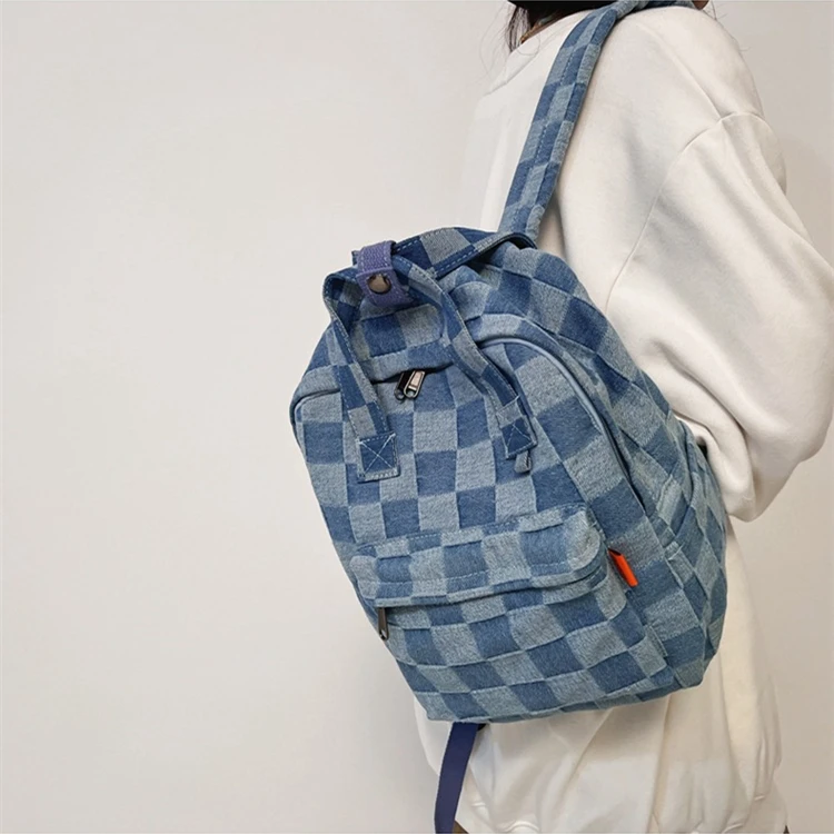 Women Vintage Checker Plaid Denim Textile Big Capacity School Book Laptop Backpack 2024 Y2K Stylish Travel Medium Size Knapsack