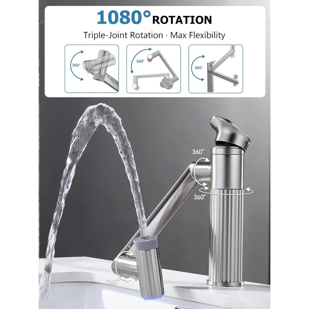 Rotatable Bathroom Faucet with Fahrenheit Temperature Display, Single Hole Vanity Sink Faucet featuring Dual Water Modes for Mod