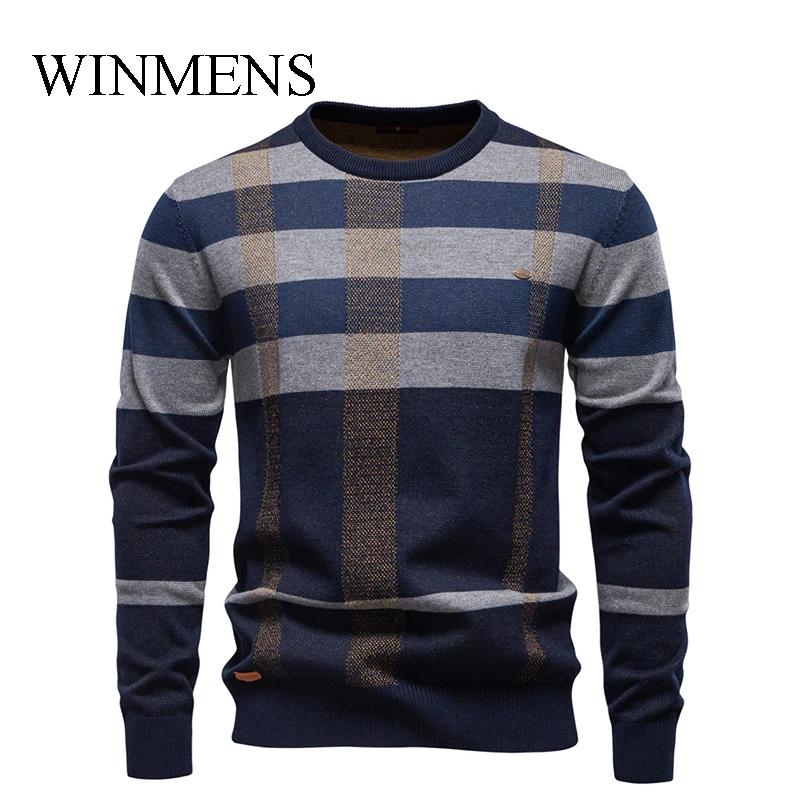 

Men's Casual Plaid Sweater Round Neck Pullover Youth Autumn/Winter Warm Knit 2025 Patchwork Long Sleeve Knitted