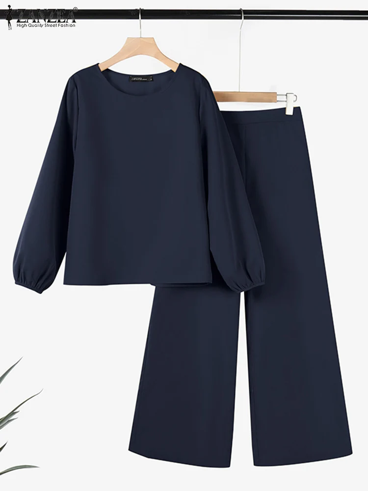 

ZANZEA Daily Wear Casual Suits Solid Color Women 2025 Spring Lantern Sleeve Blouse Pant Sets Wide Leg Pant Loose 2pcs Outfits