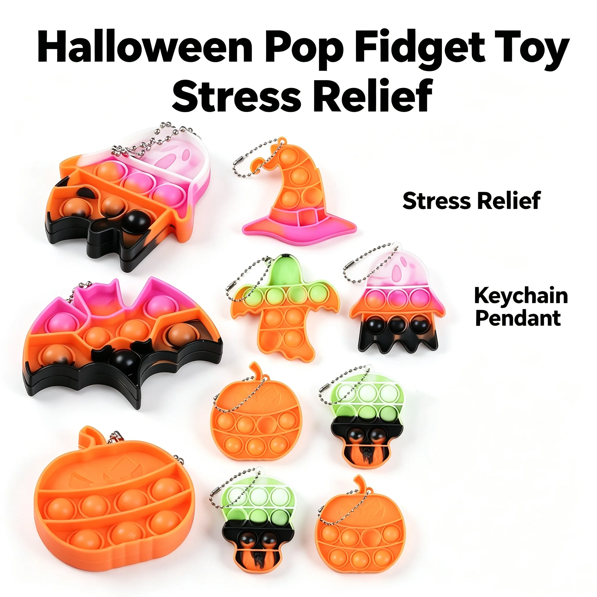 Halloween Pop Fidget Toy Keychain Pumpkin Ghost Bat Witch Hat Silicone Fidget Push Bubble Sensory Stress Relief Pendant Party
