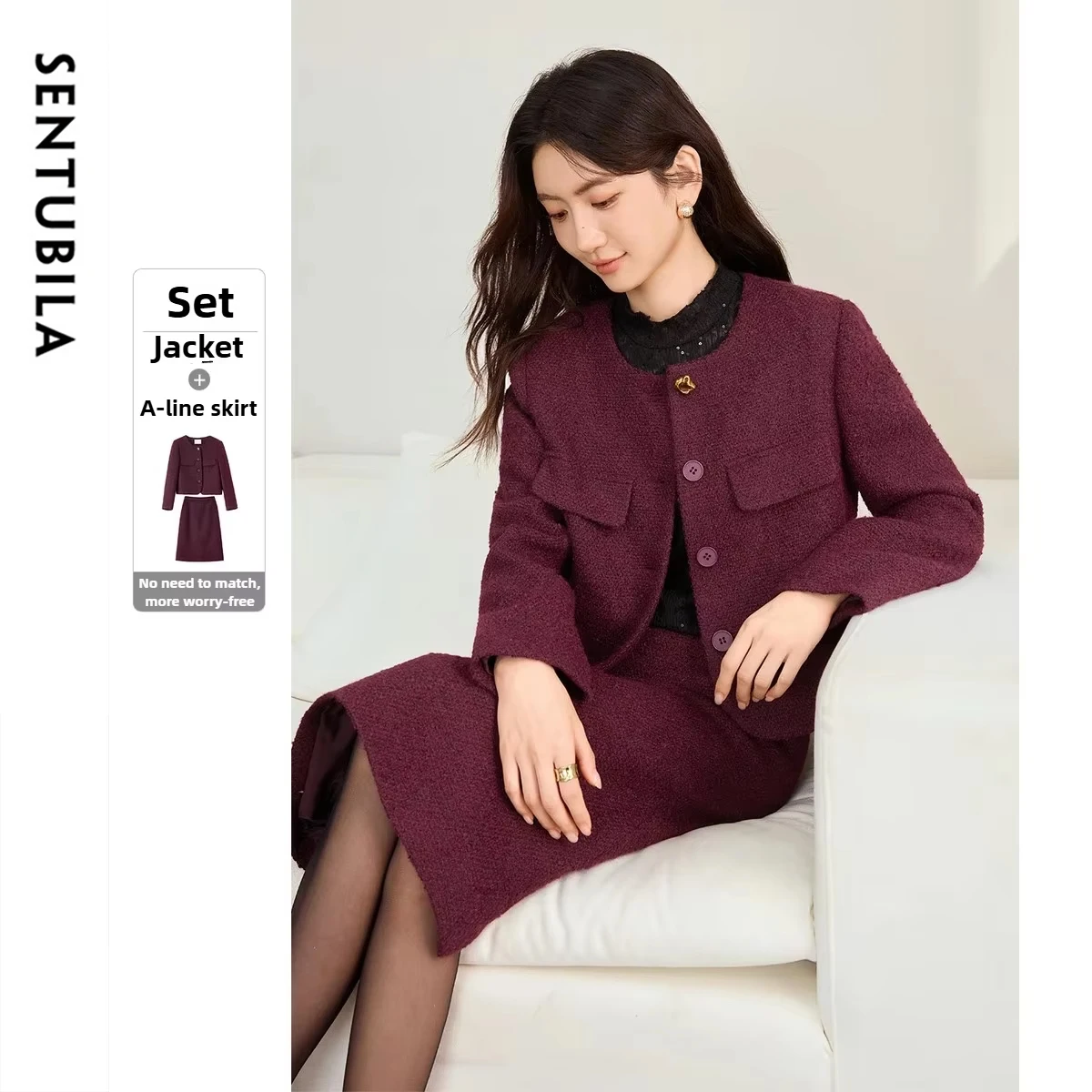 SENTUBILA Women's Elegant Skirt Sets 2026 Autumn Commuting Round Neck Short Coat  A-shaped Midi Skirt Two Piece Set 153ZA4205Z