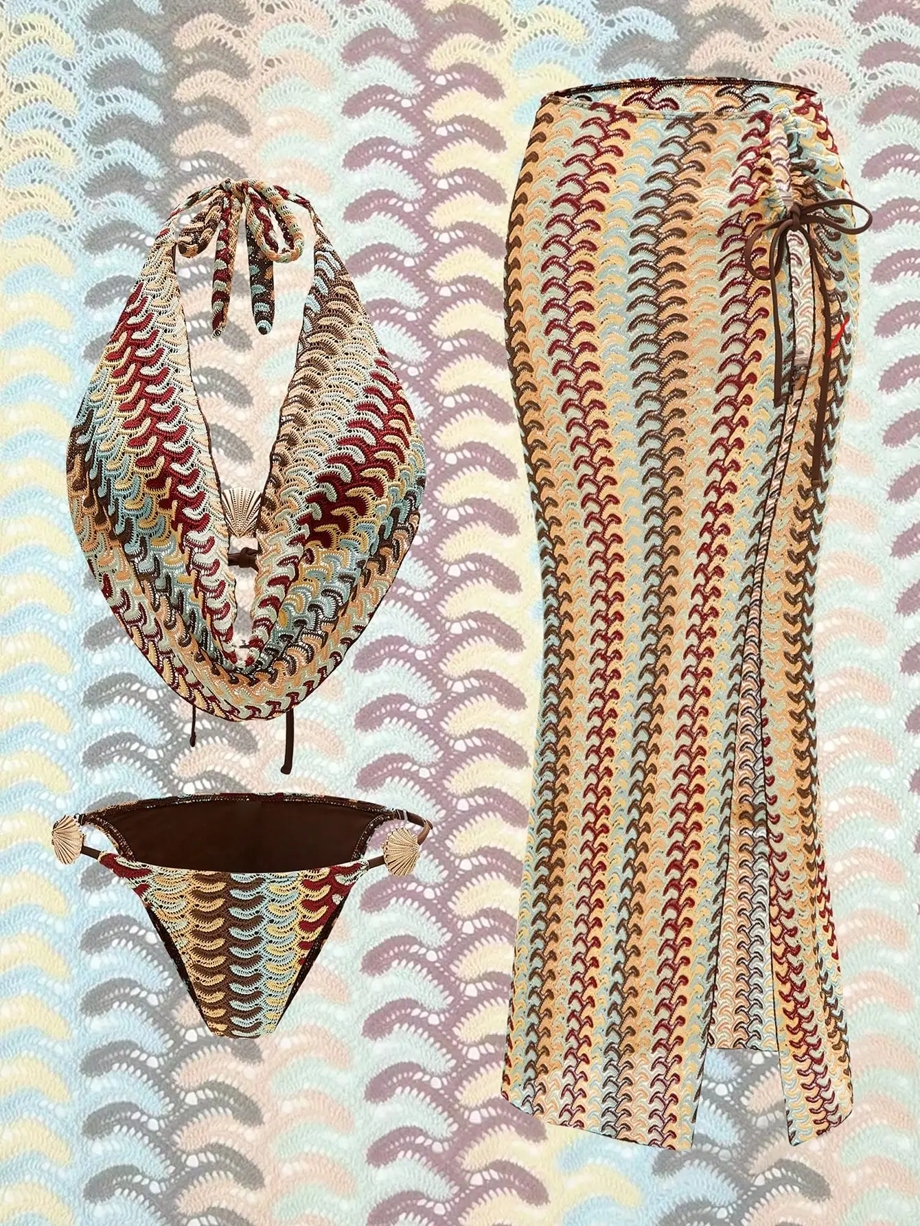 

Summer Beachwear Set: Halter Top, Side-Tie Bikini Bottoms, And Wrap Skirt In Unique Wavy Pattern Fabric