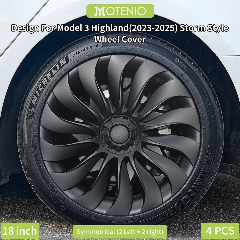 4er-Set Mattschwarze Radkappen für Tesla Model 3 Highland 2023-2026, 18 Zoll, Rechts & Links, Ersatz-Zubehör im Storm-Design