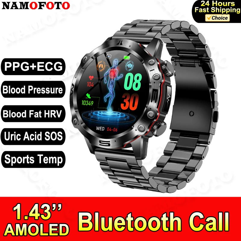 2024 New ECG Smart Watch Blood Lipids Uric Acid Wristwatch Sports Fitness Tracker Clock Bluetooth Call Health Smartwatch for Men