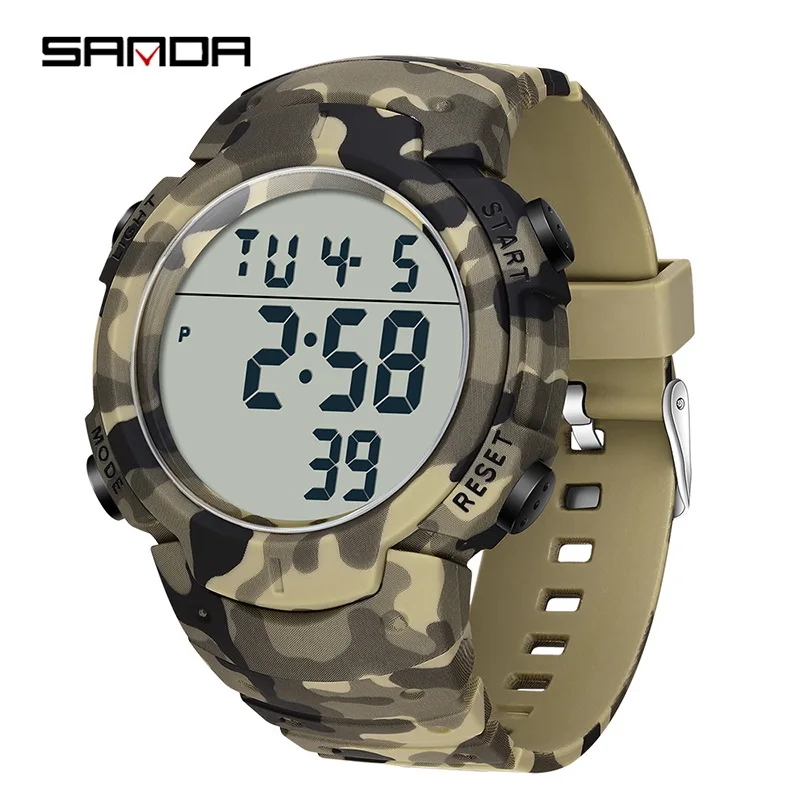 ساعة SANDA 2182 للرجال الإلكترونية المموهة متعددة الوظائف، ساعة بحزام سيليكون مقاومة للماء