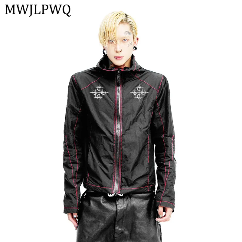

MWJLPWQ Niche Dark Style Short Sun Protection Jacket Male High Street Contrast Stitching Design Slim Fit Skin Casual Tops 11367