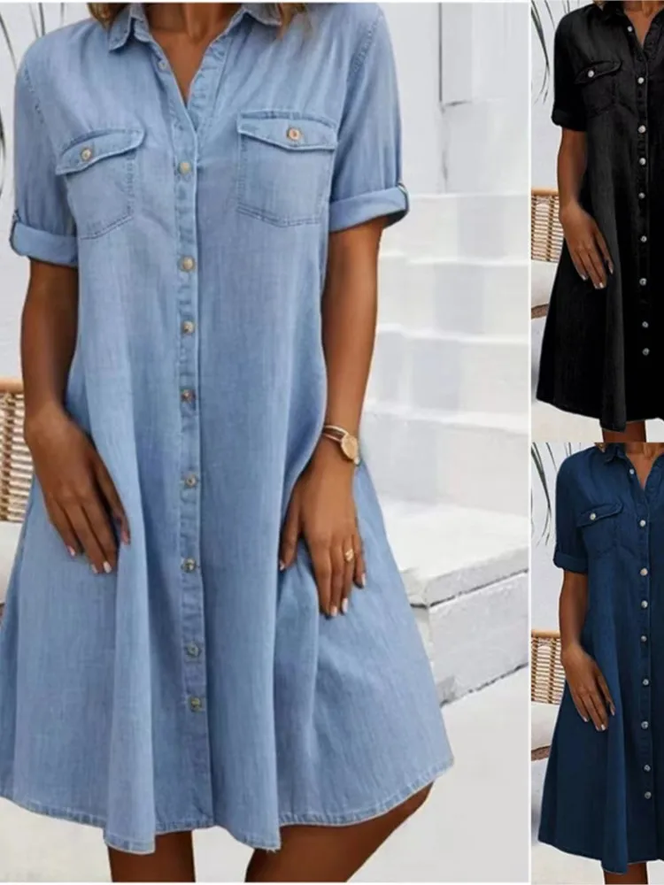 Verão único breasted camisa vestido feminino casual solto bolso simples retro vestido feminino escritório vestidos de cor sólida