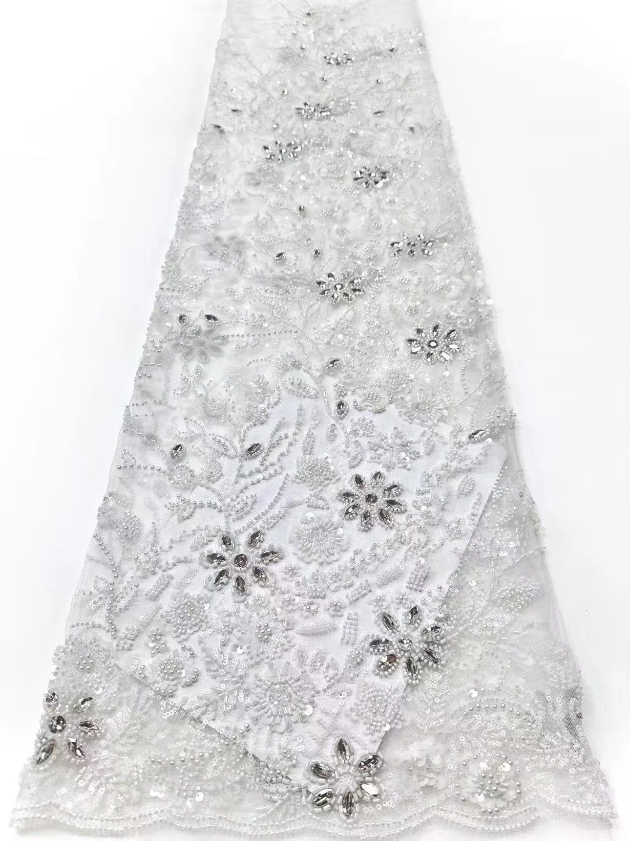 Gold Luxury African Heavy Beaded Fabric High-Quality Nigerian Tulle Sequined Lace Fabric Bridal Gown Haute Couture Fabric 2076