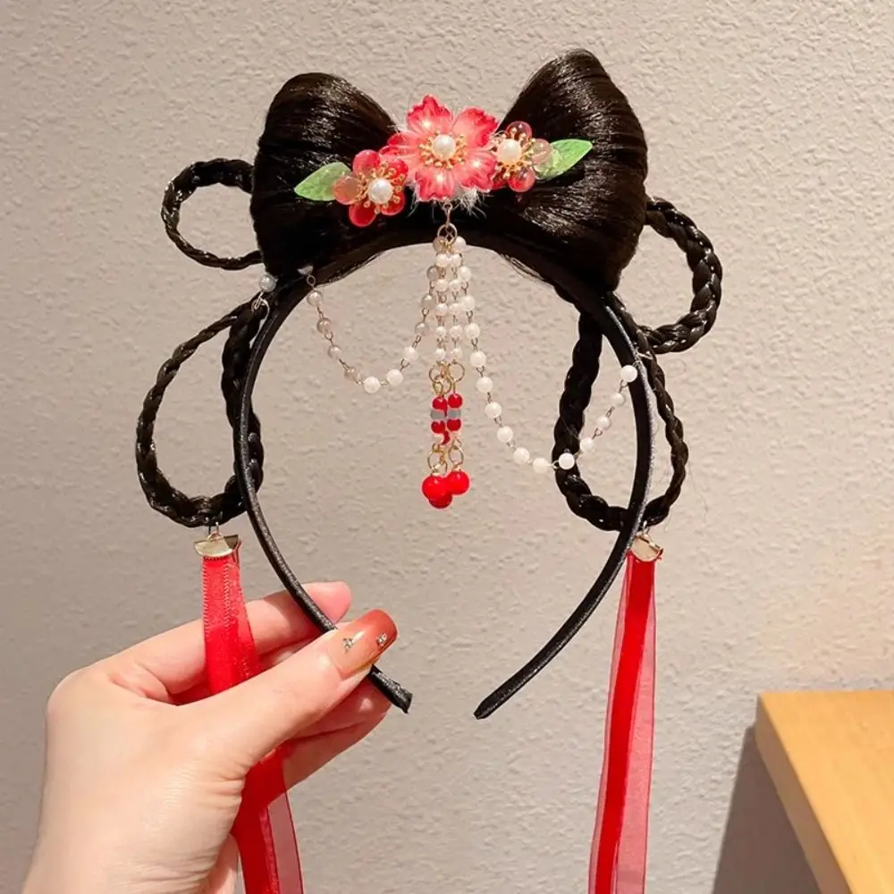 

Flower Children Wig Headband Tassel Tang Suit Hair Hoop Chinese New Year Headwear Ancient Style Braid Hair Red Bow Hairband Baby
