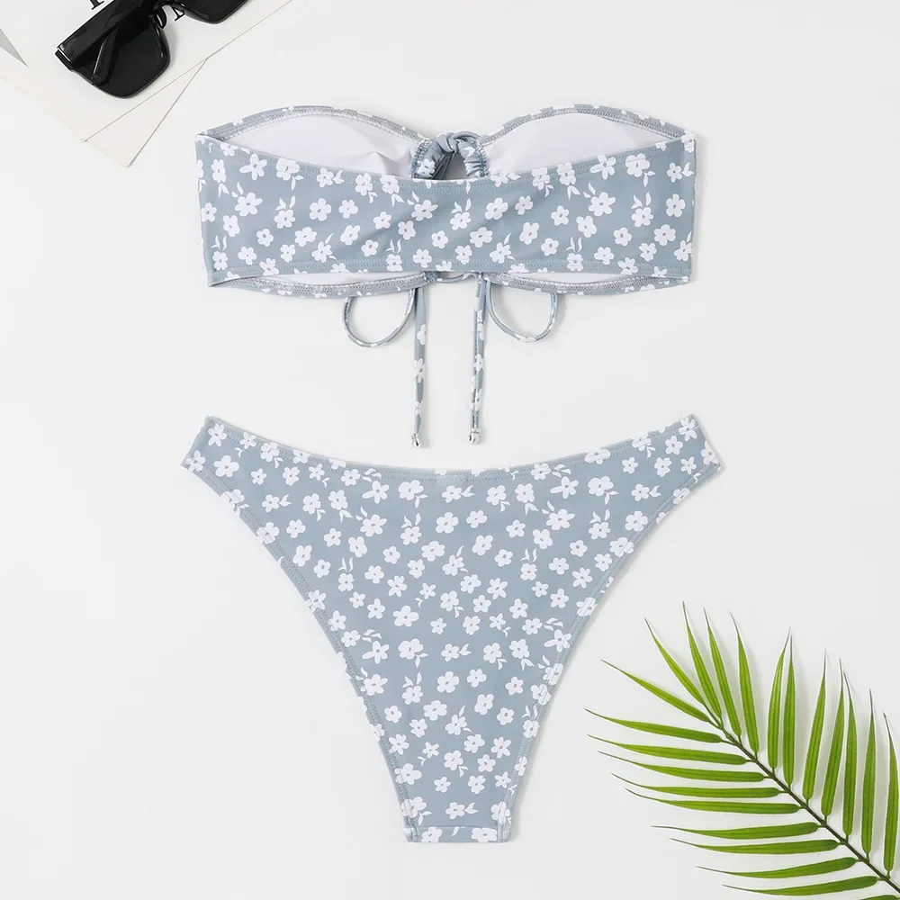 Sexy Floral Print Bandeau Swimwear Micro Thong Bikinis Set String Lace-up Swimsuit Women Bathing Suit Hollow Out Bather Biquinis