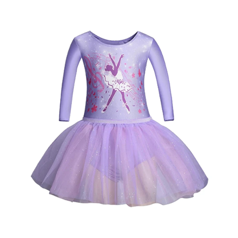 Collant de balé de manga comprida para meninas, saia tutu brilhante com cintura elástica e vestido de lantejoulas brilhantes sem números