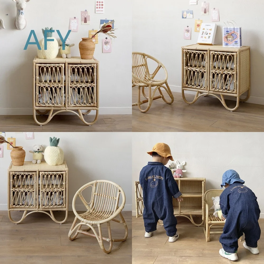 Japanese Style Natural Rattan Small Cabinet for Bedside Storage Wall Mounted Floor Standing Dual Door Organizer Shelf for