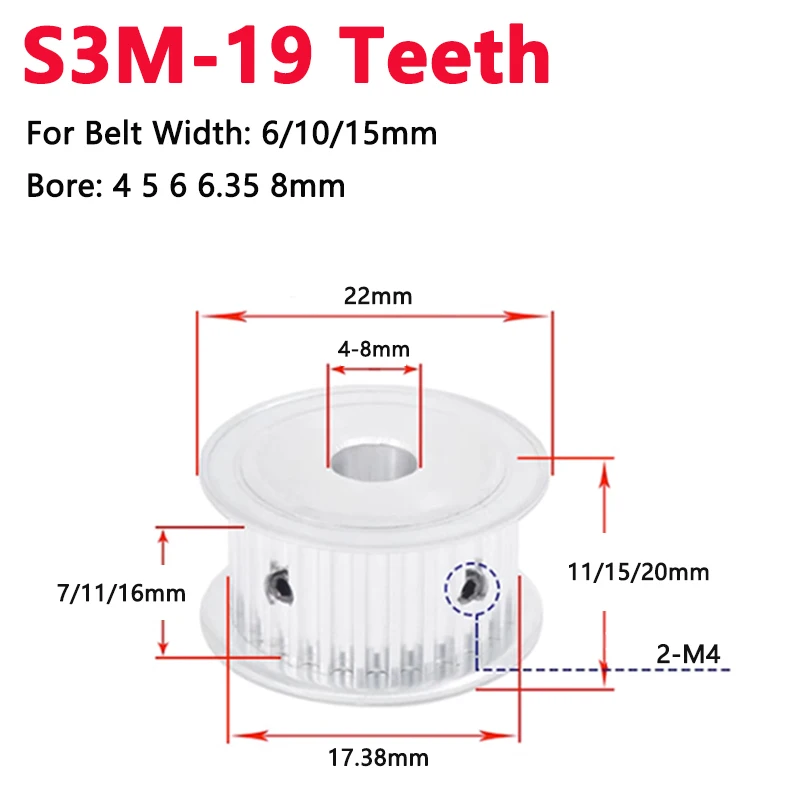 

1pc 19 Teeth S3M Timing Pulley Aluminum Alloy 19T Synchronous Wheel For Belt Width 6 10 15mm Bore 4 5 6 6.35 8mm AF Type