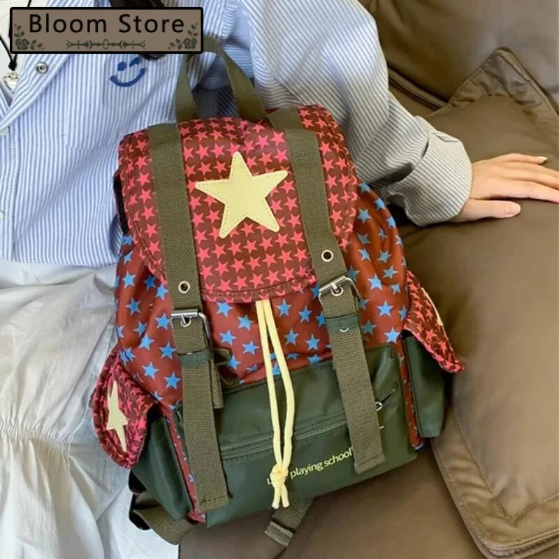 

Preppy Vintage Contrast Color Star Print Backpack Haruku Casual Grunge School Bags High-Capacity Y2k Students Schoolbags Women