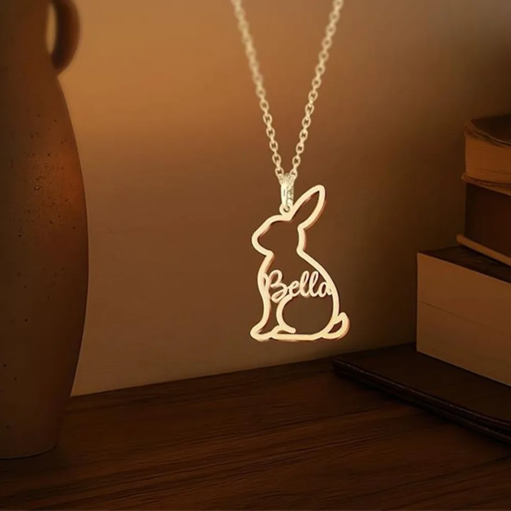 Custom Bunny Necklace with Name Stainless Steel Personalize Cute Rabbit Pendant Necklace Easter Jewelry Gift for Her Dainty