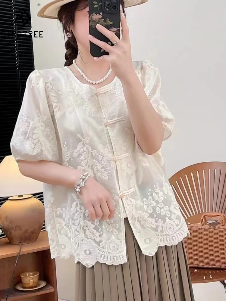 New Spring Cotton Short Sleeve Shirt Women Embroidery O Neck Top Girl Loose Chinese Style Casual Blouse 2024 Summer T45945QM