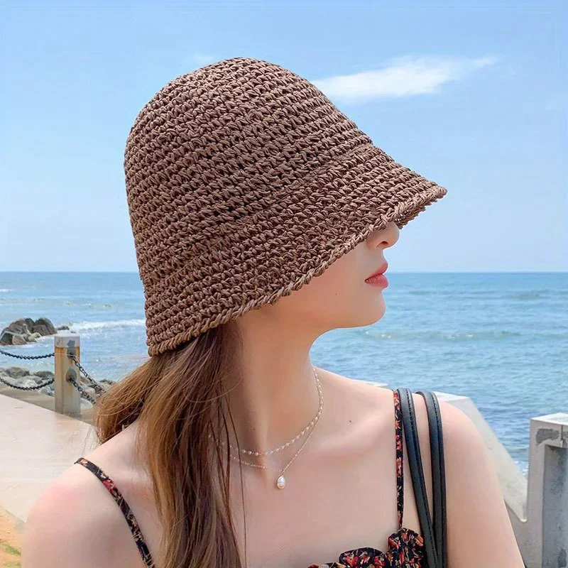 

Small Brim Straw Bucket Hat Breathable Fisherman Cap Unisex Summer Beach Vacation Travel Sun Protection Cap