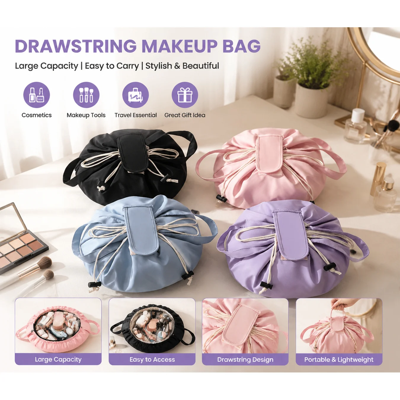 Drawstring Quick Open Makeup Bag Large Capacity Waterproof  Cosmetic Storage Handbag Portable Travel Make Up Lazy Makeup Bag
